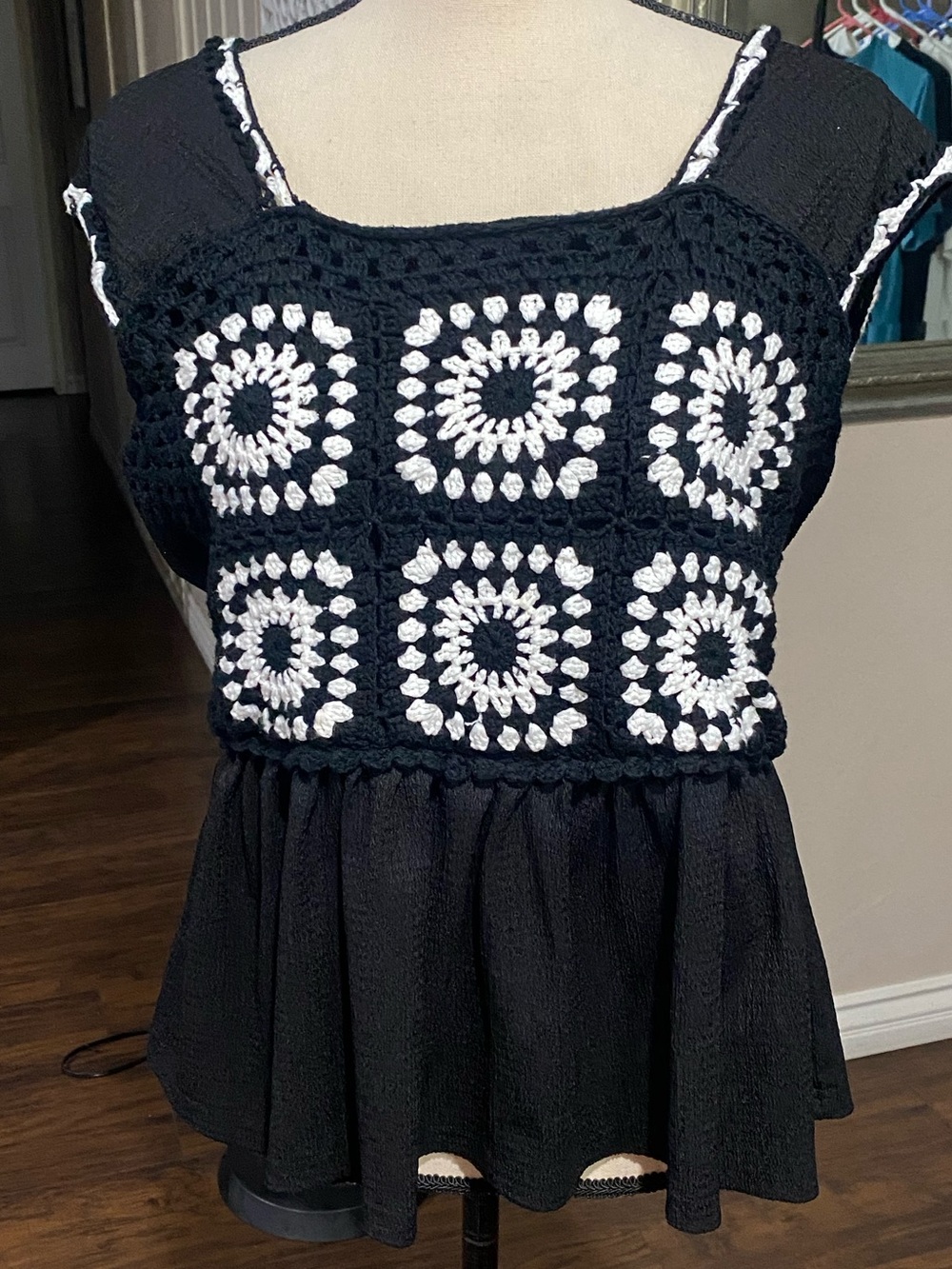 Trendmates Black Crocheted Square Yoke Peplum Top with White Accents